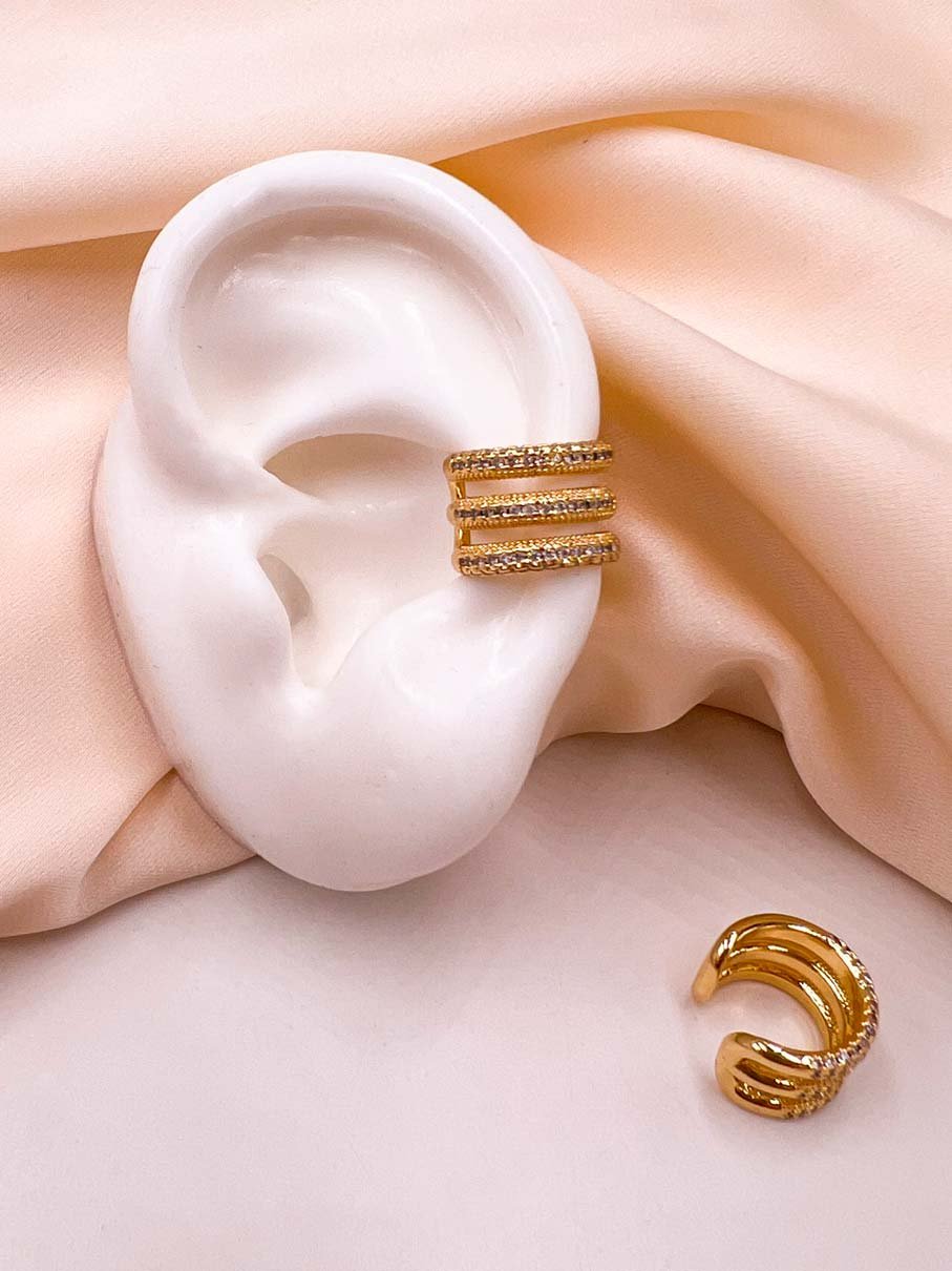 EARCUFF TRES LINEAS ZIRCON DORADA